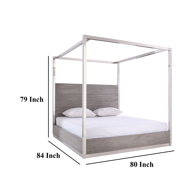 Benjara Cid Anvi Platform King Bed- Stainless Steel Canopy- Gray Elm Veneer