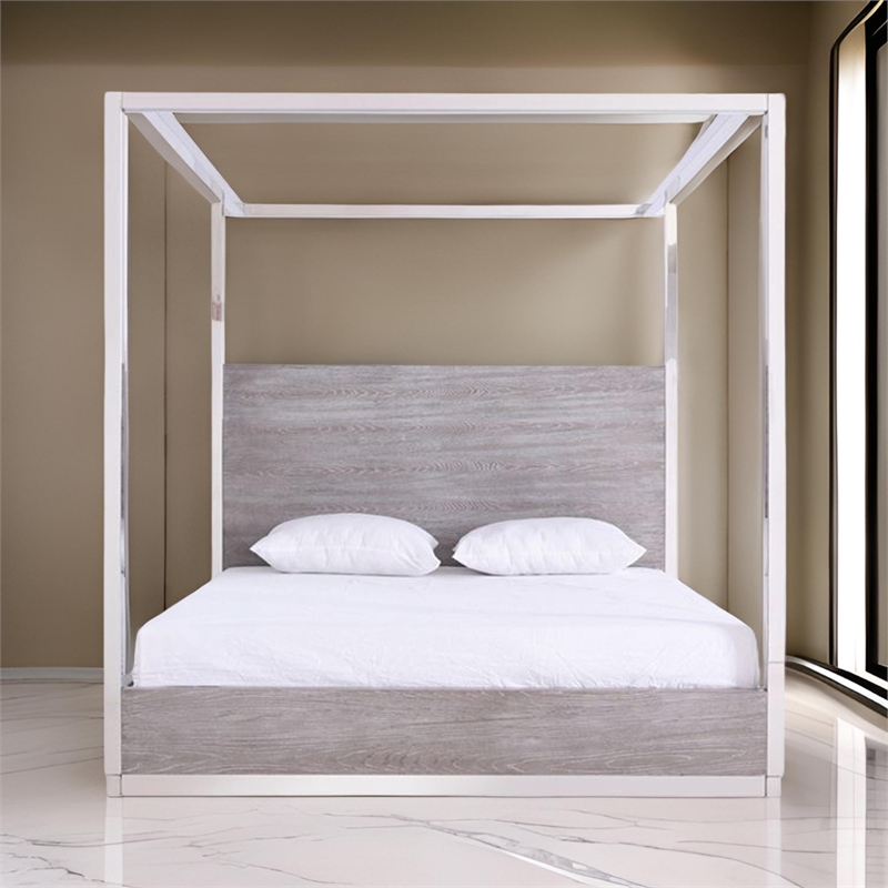 Benjara Cid Anvi Platform King Bed- Stainless Steel Canopy- Gray Elm Veneer