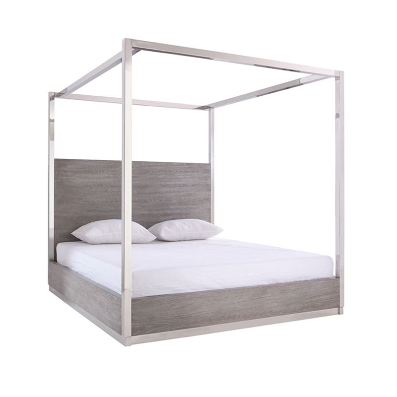 Benjara Cid Anvi Platform King Bed- Stainless Steel Canopy- Gray Elm Veneer