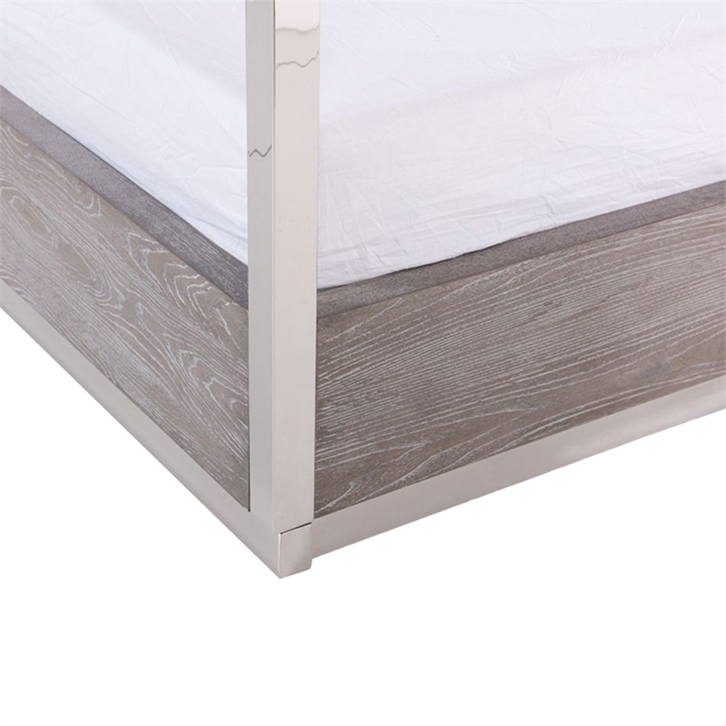 Benjara Cid Anvi Platform King Bed- Stainless Steel Canopy- Gray Elm Veneer