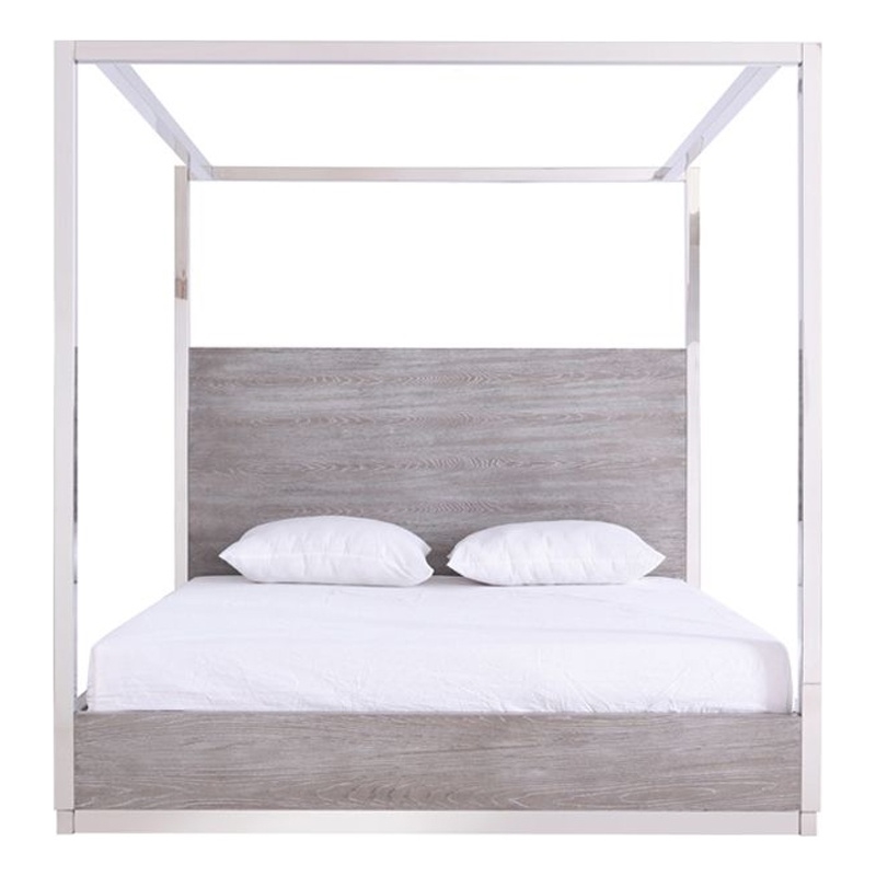 Benjara Cid Anvi Platform King Bed- Stainless Steel Canopy- Gray Elm Veneer