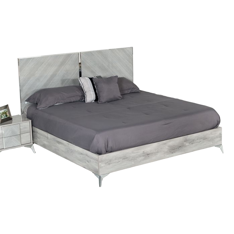 Benjara Jecky King Size Bed- Low Profile- Angled Legs- Italian Inspired Gray