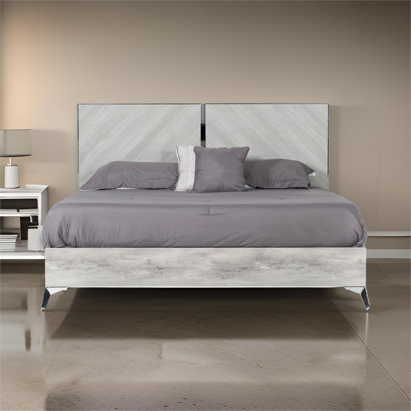 Benjara Jecky King Size Bed- Low Profile- Angled Legs- Italian Inspired Gray