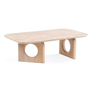 Benjara Aky 50&quot Coffee Table- Faux Marble Top- Open Panel Frame- Natural Brown