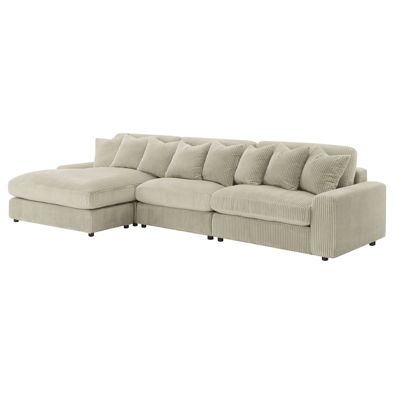 Benjara Lain 3pc Sectional Sofa with Reversible Chaise-8 PIllows-Beige Corduroy