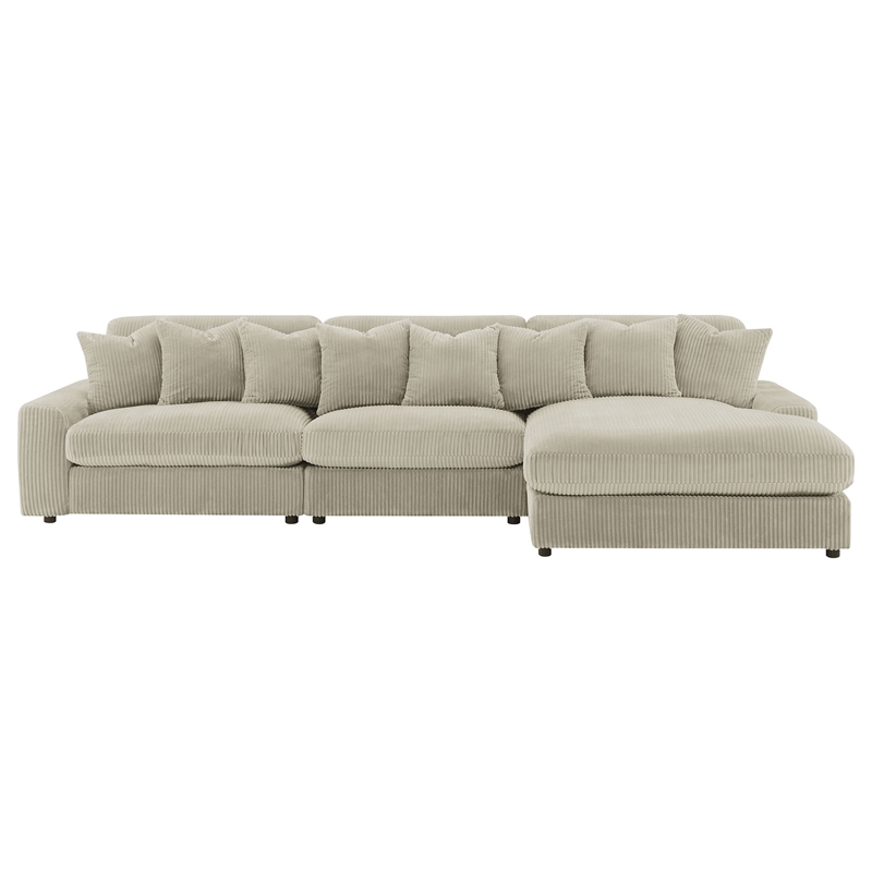 Benjara Lain 3pc Sectional Sofa with Reversible Chaise-8 PIllows-Beige Corduroy