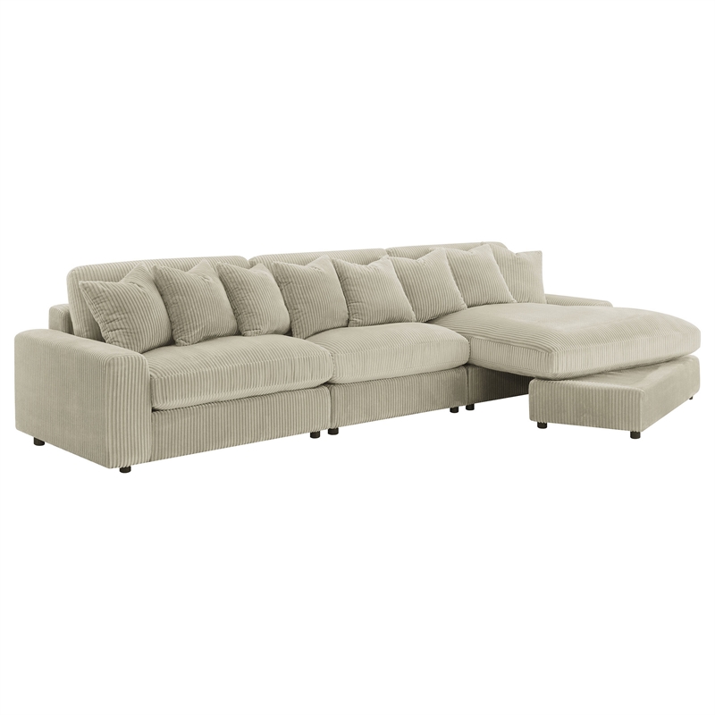 Benjara Lain 3pc Sectional Sofa with Reversible Chaise-8 PIllows-Beige Corduroy