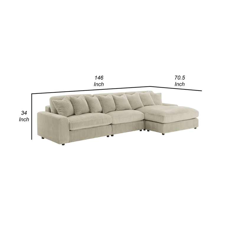 Benjara Lain 3pc Sectional Sofa with Reversible Chaise-8 PIllows-Beige Corduroy