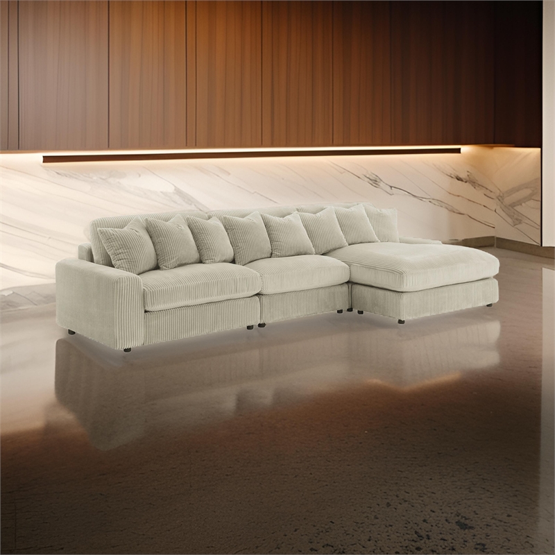 Benjara Lain 3pc Sectional Sofa with Reversible Chaise-8 PIllows-Beige Corduroy