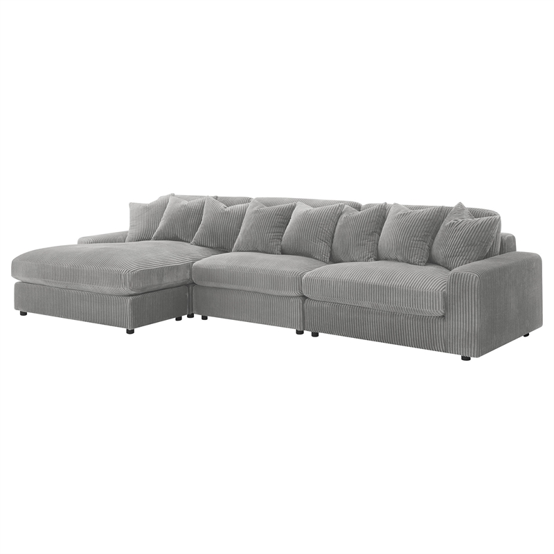 Benjara Lain 3pc Sectional Sofa with Reversible Chaise- 8 Throw PIllows- Gray