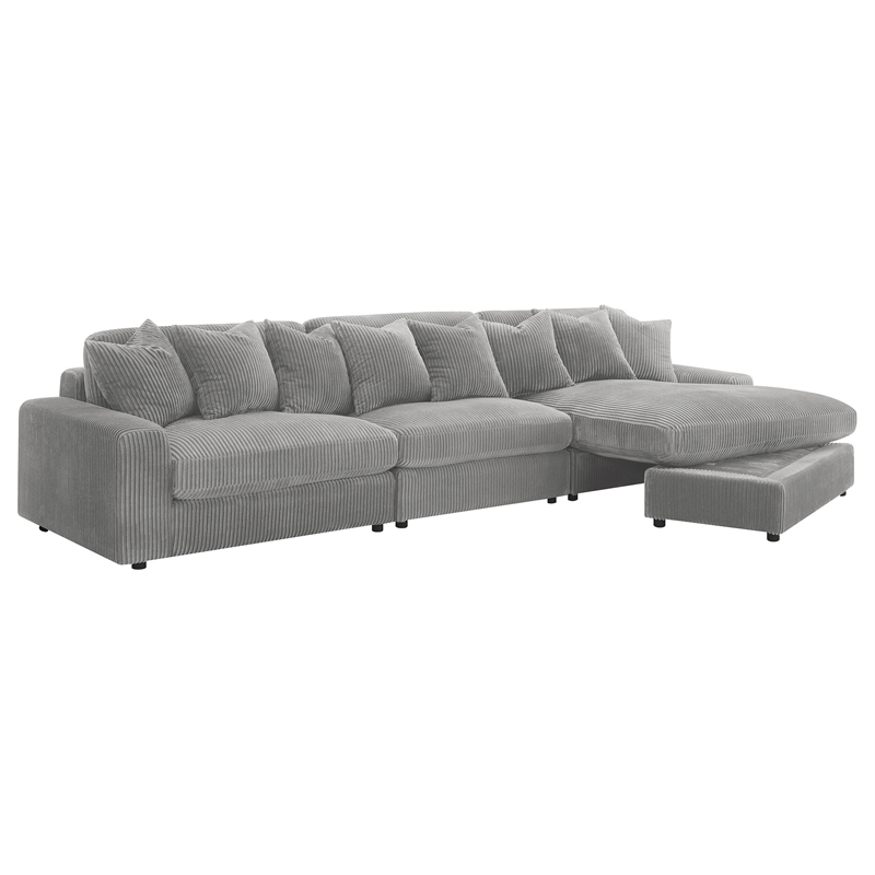 Benjara Lain 3pc Sectional Sofa with Reversible Chaise- 8 Throw PIllows- Gray