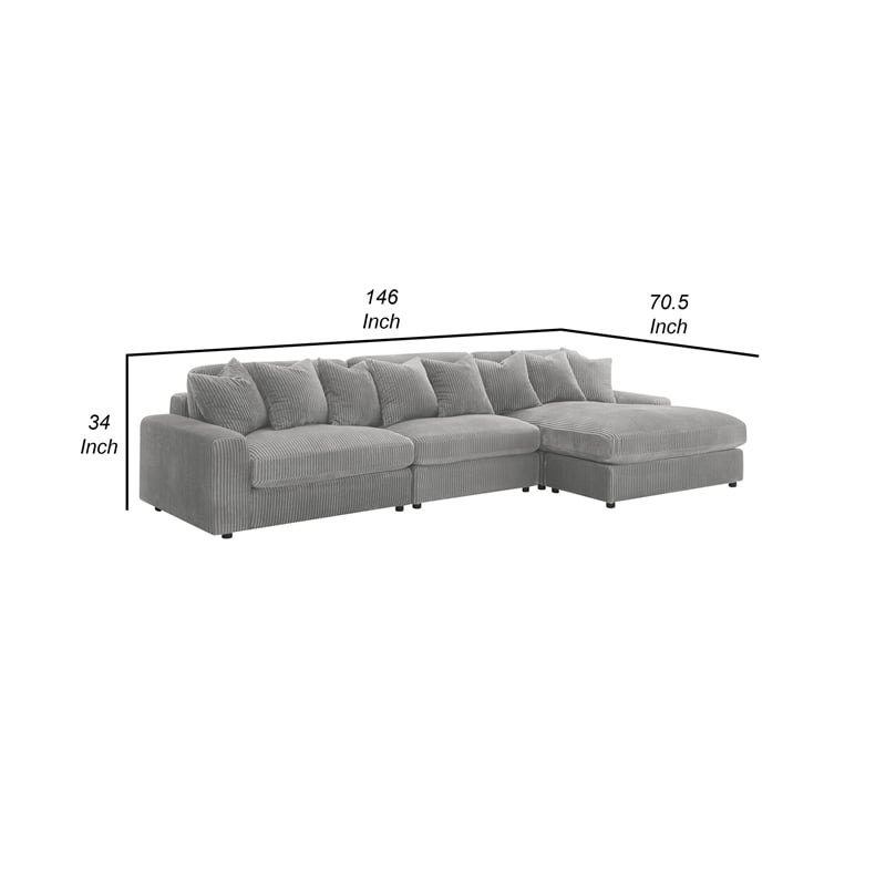 Benjara Lain 3pc Sectional Sofa with Reversible Chaise- 8 Throw PIllows- Gray