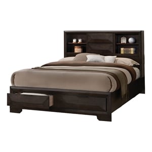 Benjara Costa Queen Bed w Bookcase Headboard- 2 Storage Drawers- Dark Brown Wood