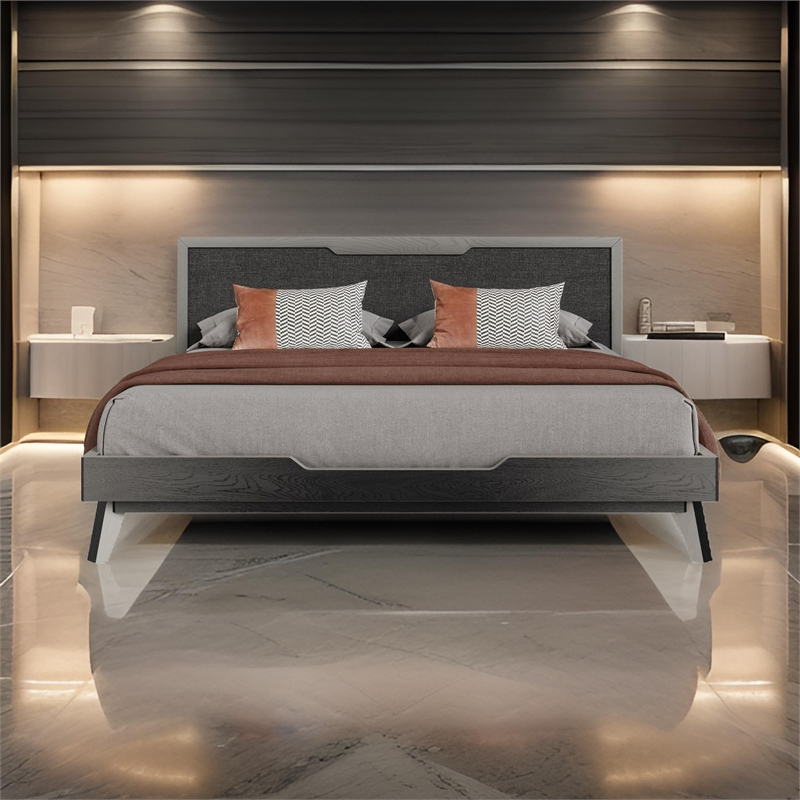 Benjara Kiran King Size Platform Bed- Gray Upholstered Headboard- Wood Frame