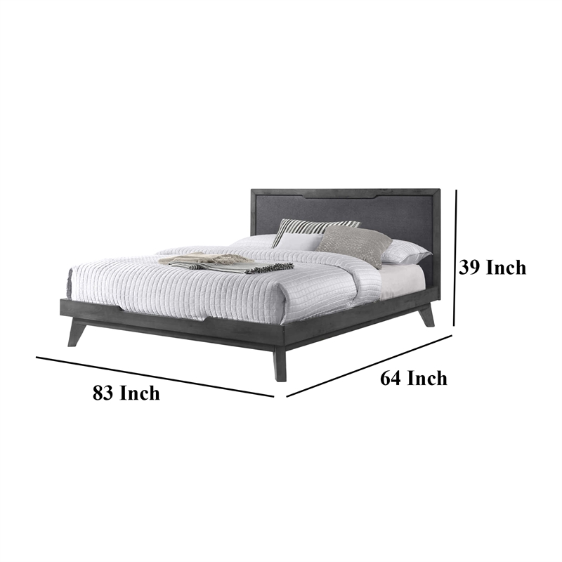 Benjara Kiran King Size Platform Bed- Gray Upholstered Headboard- Wood Frame