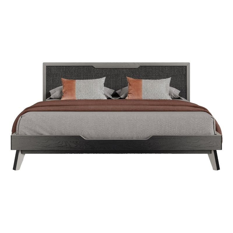 Benjara Kiran King Size Platform Bed- Gray Upholstered Headboard- Wood Frame