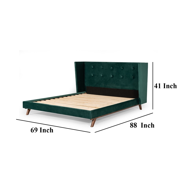 Benjara Dury Queen Size Platform Bed- Green Velvet Upholstery- Tufted Wingback