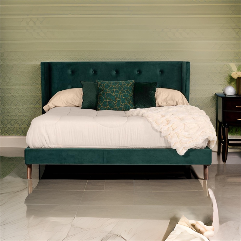 Benjara Dury Queen Size Platform Bed- Green Velvet Upholstery- Tufted Wingback