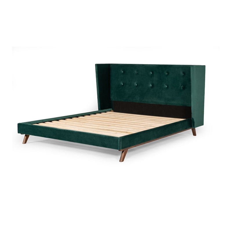 Benjara Dury Queen Size Platform Bed- Green Velvet Upholstery- Tufted Wingback