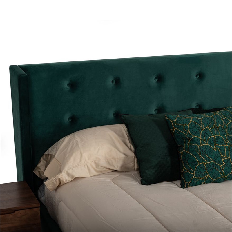 Benjara Dury Queen Size Platform Bed- Green Velvet Upholstery- Tufted Wingback