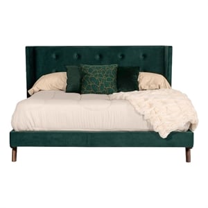 Benjara Dury Queen Size Platform Bed- Green Velvet Upholstery- Tufted Wingback
