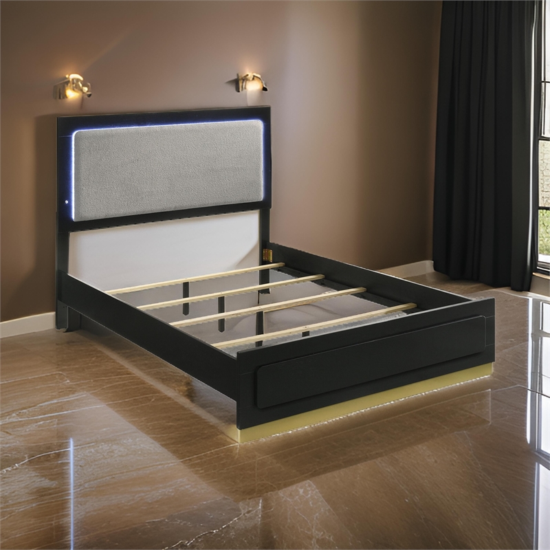 Benjara Caer California King Size Bed-LED Panel Headboard-Gray Upholstery-Black