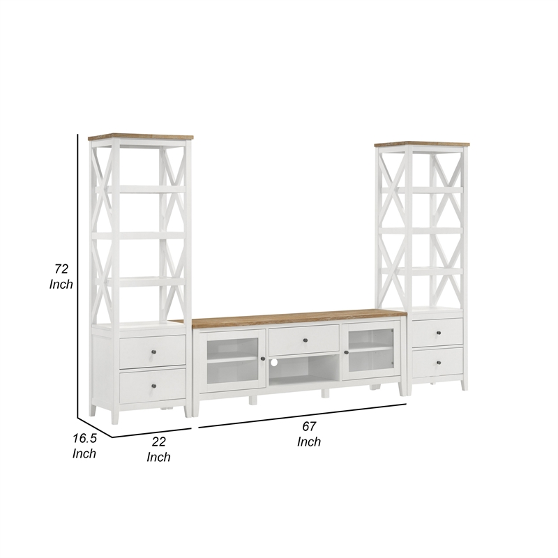 Benjara TV Entertainment Console with 2 Media Towers- White and Brown Solid Wood