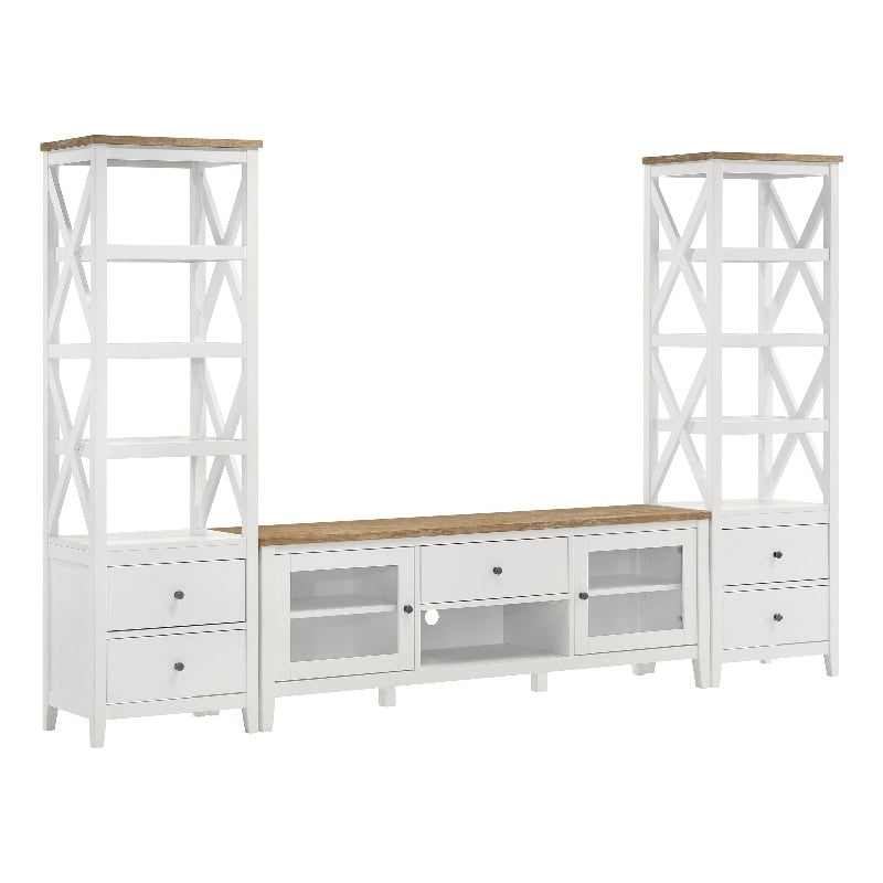 Benjara TV Entertainment Console with 2 Media Towers- White and Brown Solid Wood