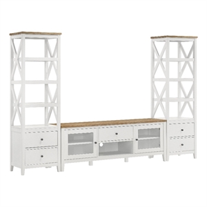 Benjara TV Entertainment Console with 2 Media Towers- White and Brown Solid Wood