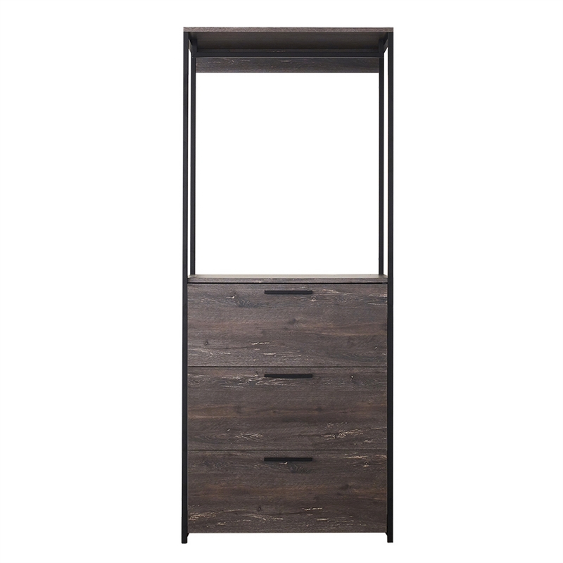 Benjara Gin Modular Closet System- 3 Rustic Gray Drawers- 1 Hanging Rod- Black