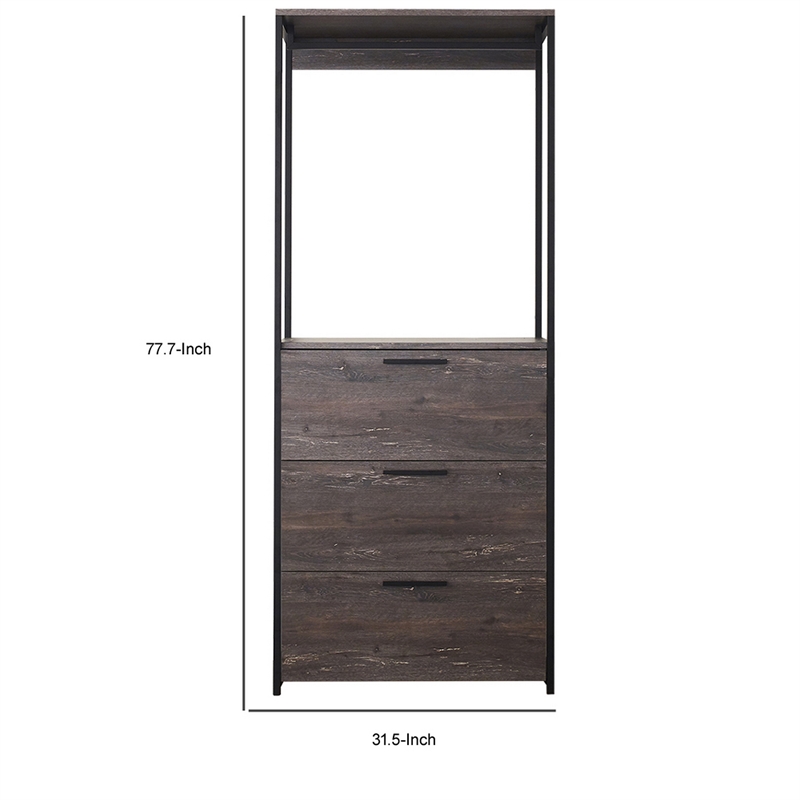 Benjara Gin Modular Closet System- 3 Rustic Gray Drawers- 1 Hanging Rod- Black