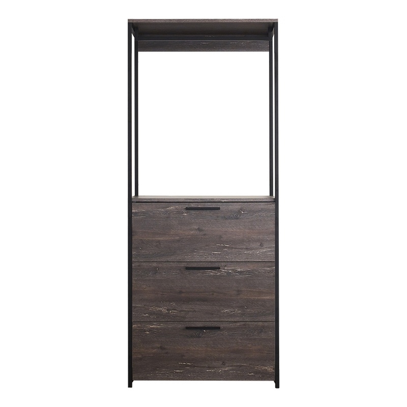 Benjara Gin Modular Closet System- 3 Rustic Gray Drawers- 1 Hanging Rod- Black
