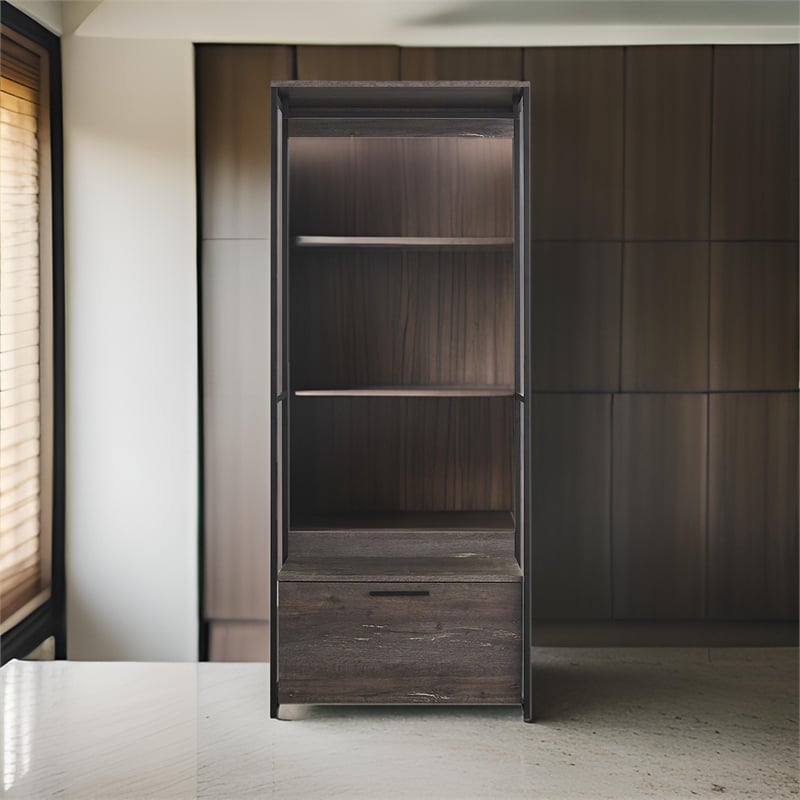 Benjara Gin Modular Closet System- 1 Rustic Gray Drawer- 1 Hanging Rod- Black