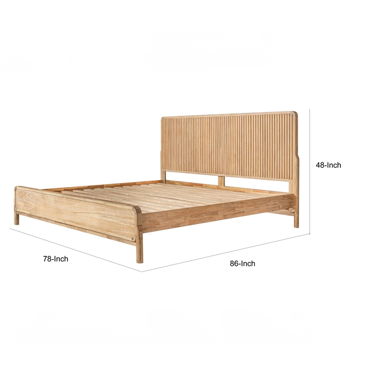 Benjara Cid Tori King Bed- Fluted Headboard- Low Profile Platform- Natural Brown