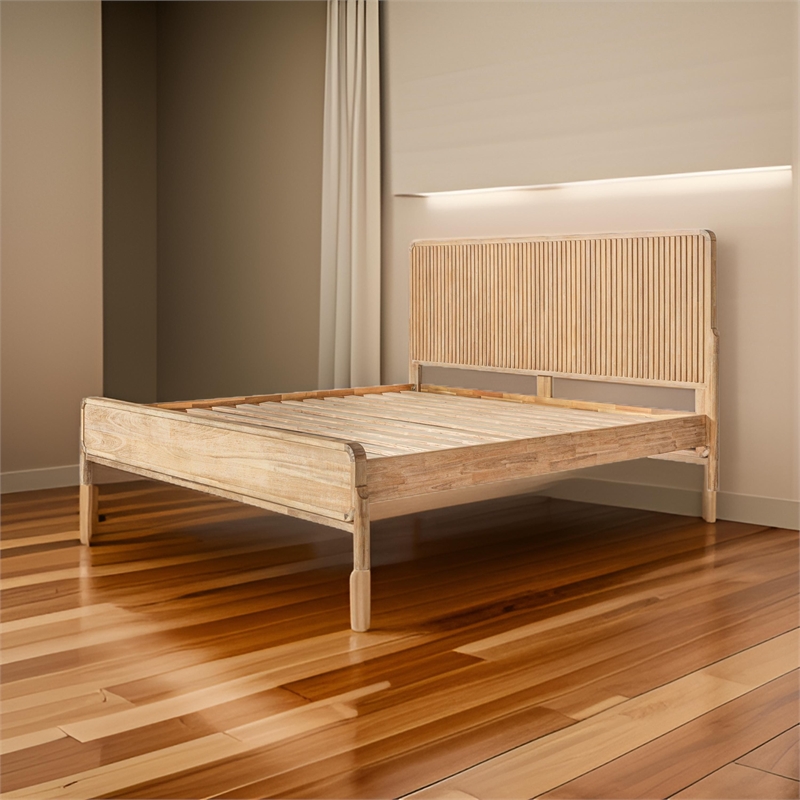 Benjara Cid Tori King Bed- Fluted Headboard- Low Profile Platform- Natural Brown