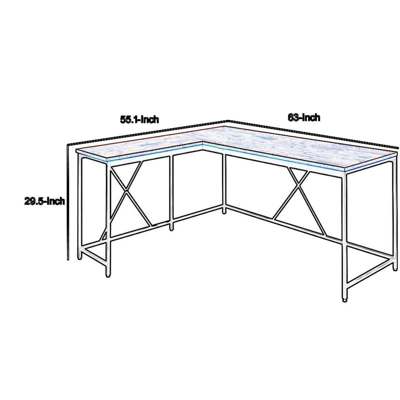 Benjara Posy Corner Desk- L Shaped White Metal Frame/Oak Brown Wood Top