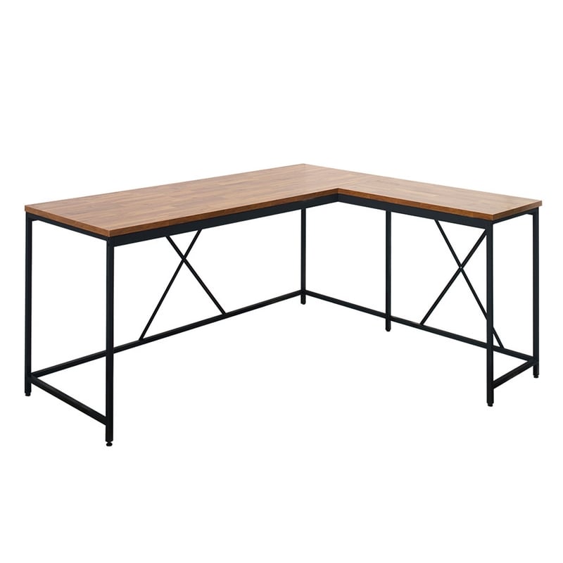 Benjara Posy Corner Desk- L Shaped Black Metal Frame/Oak Brown Wood Top