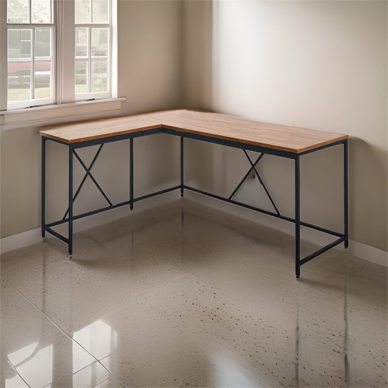 Benjara Posy Corner Desk- L Shaped Black Metal Frame/Oak Brown Wood Top