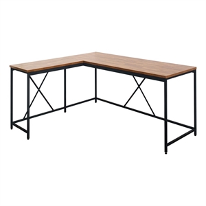 Benjara Posy Corner Desk- L Shaped Black Metal Frame/Oak Brown Wood Top