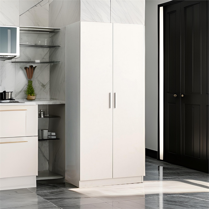 Benjara Avy Standing Closet with 2 Hanging Bar and 5 Shelves- Double Door- White