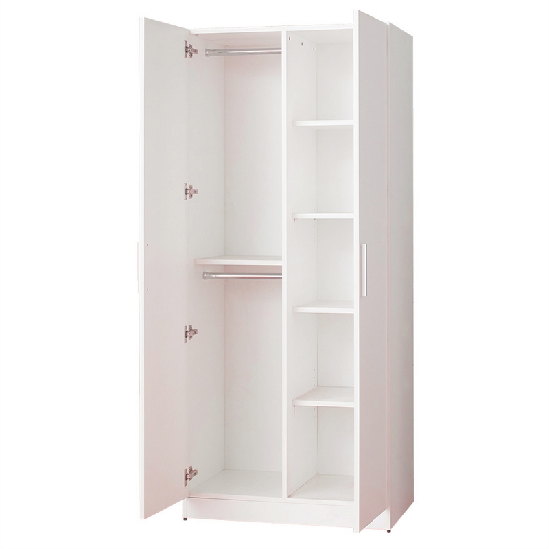 Benjara Avy Standing Closet with 2 Hanging Bar and 5 Shelves- Double Door- White