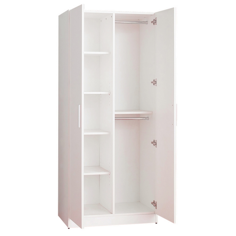 Benjara Avy Standing Closet with 2 Hanging Bar and 5 Shelves- Double Door- White