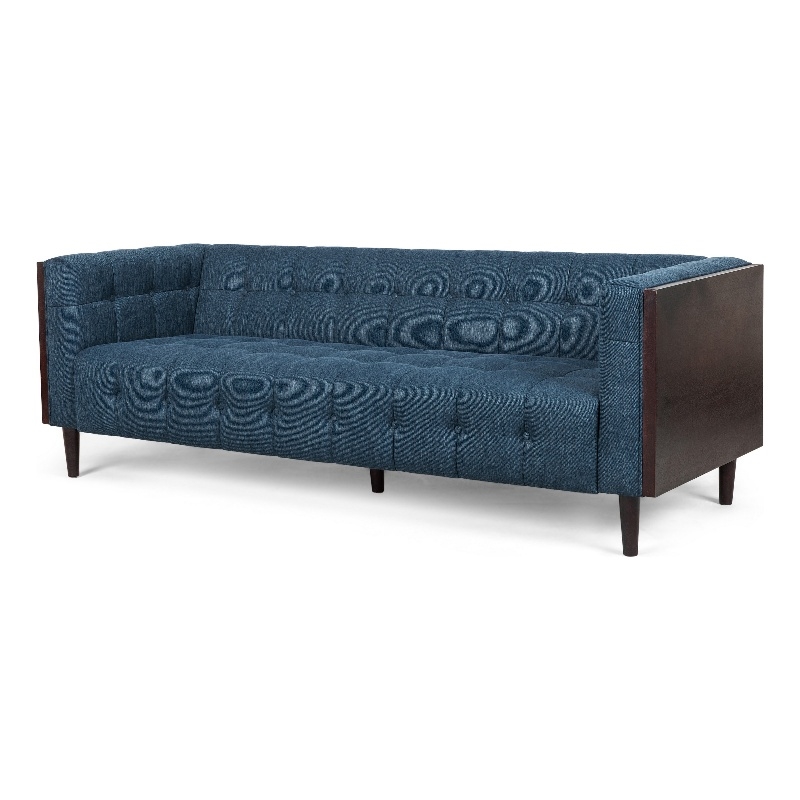 Benjara Yuro Sofa- 3 Seater- Chesterfield Button Tufted- 90 Inch- Blue Fabric