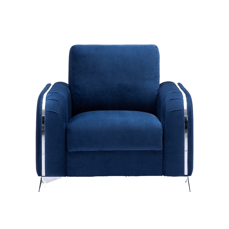 Benjara Wiena Accent Sofa Armchair- Vertical Pleated Blue Velvet- Chrome Legs