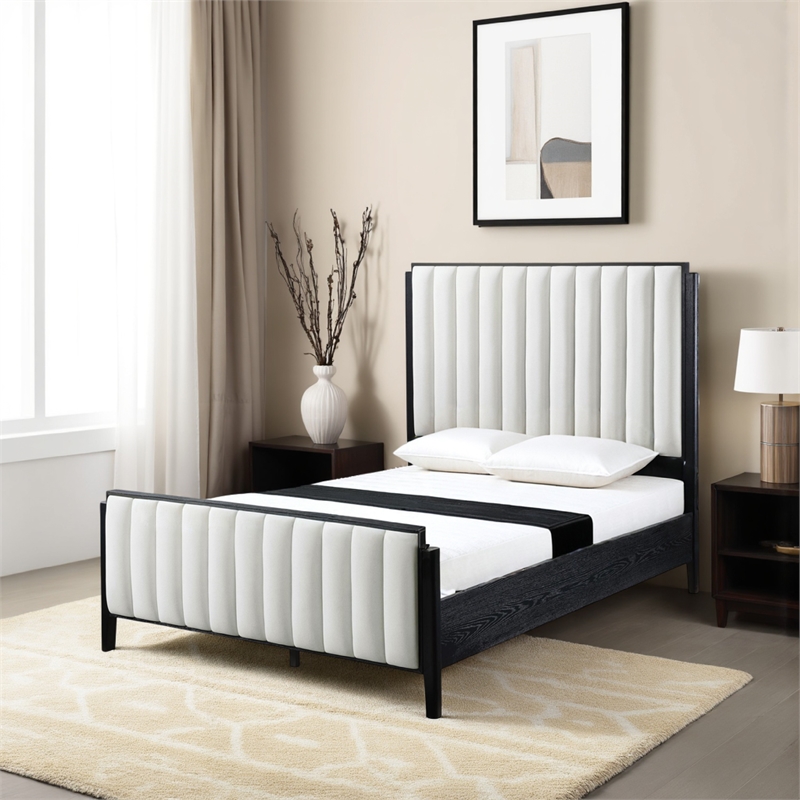Benjara Jack California King Size Bed- Channel Tufted Ivory Upholstery- Black