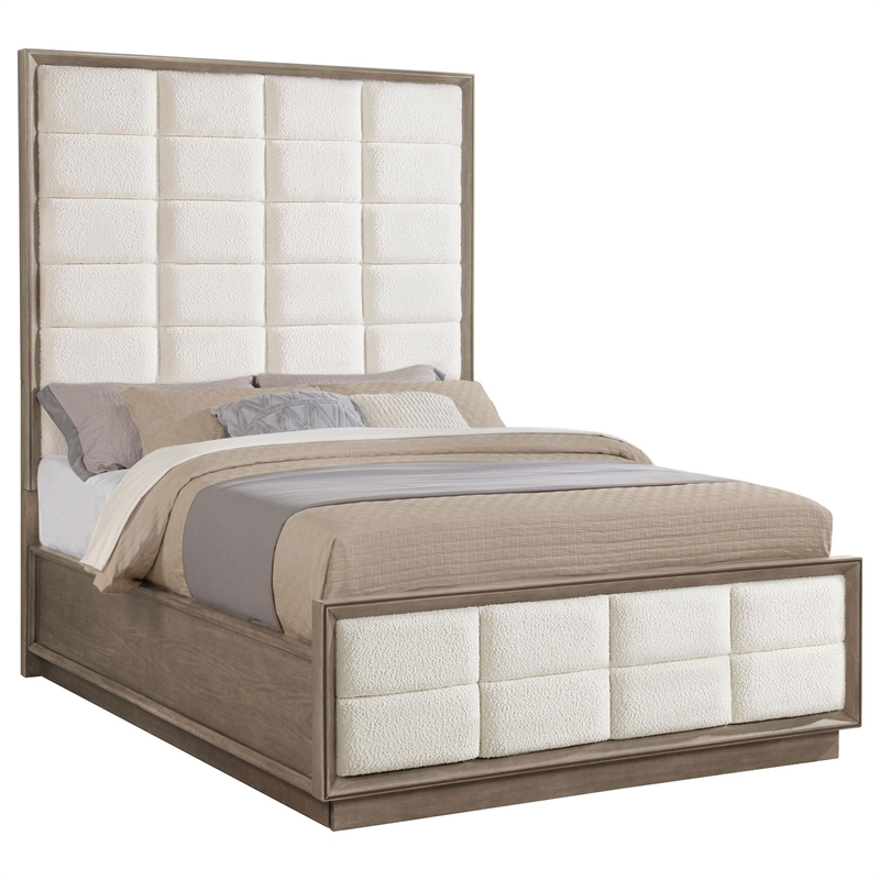 Benjara Lyni Queen Bed- Grid Tufted Headboard- Ivory Upholstery- Oak Brown