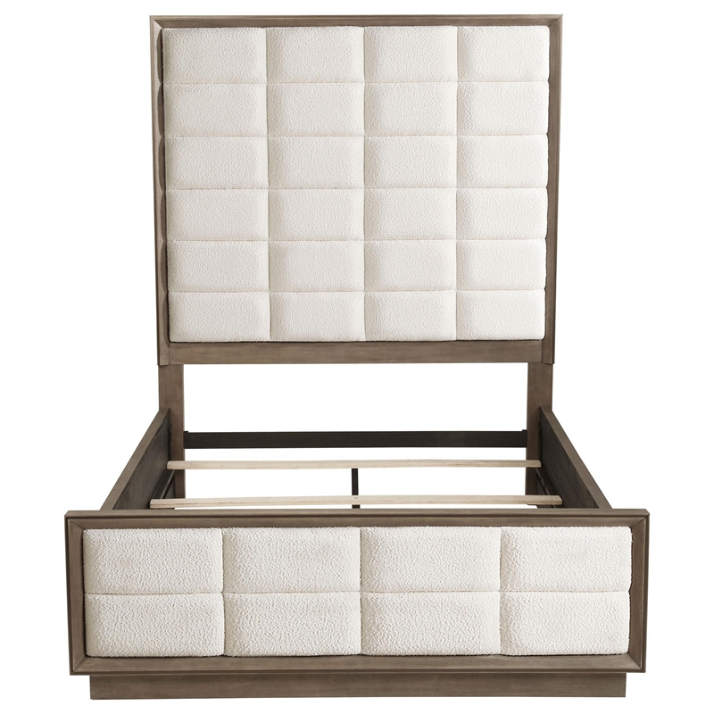 Benjara Lyni Queen Bed- Grid Tufted Headboard- Ivory Upholstery- Oak Brown