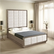 Benjara Lyni Queen Bed- Grid Tufted Headboard- Ivory Upholstery- Oak Brown
