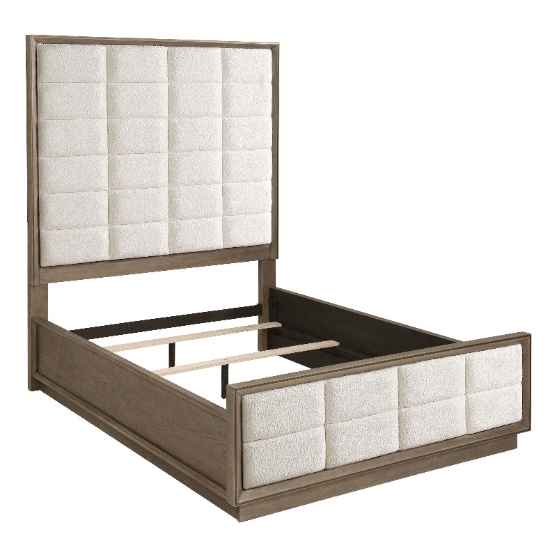 Benjara Lyni Queen Bed- Grid Tufted Headboard- Ivory Upholstery- Oak Brown