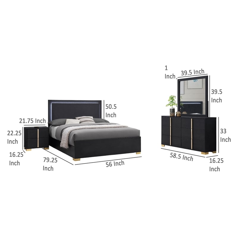 Benjara Dex 4 Piece Full Bedroom Set- Black/Gold Accents- LED Headboard